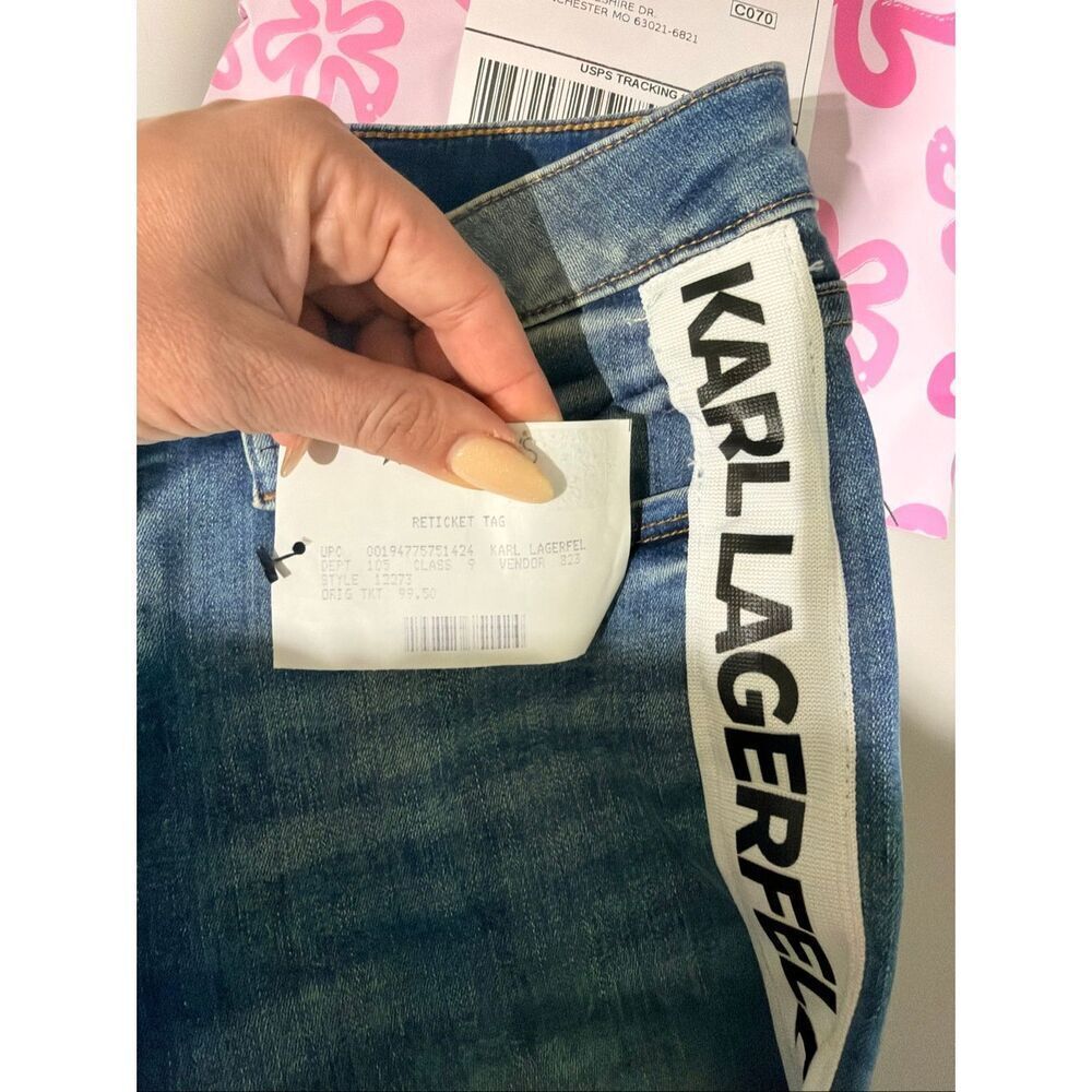 KARL LAGERFELD PARIS Contrast Logo Taping Denim Jeans Blue 4 - Picture 4 of 5
